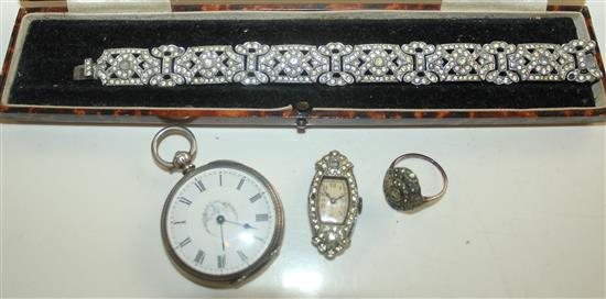 Gem set ring, a paste bracelet, silver fob watch & a paste set cocktail watch